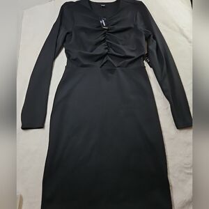 Express Black Long Sleeve Dress With Ruched Bodyce Crew Neck Size S